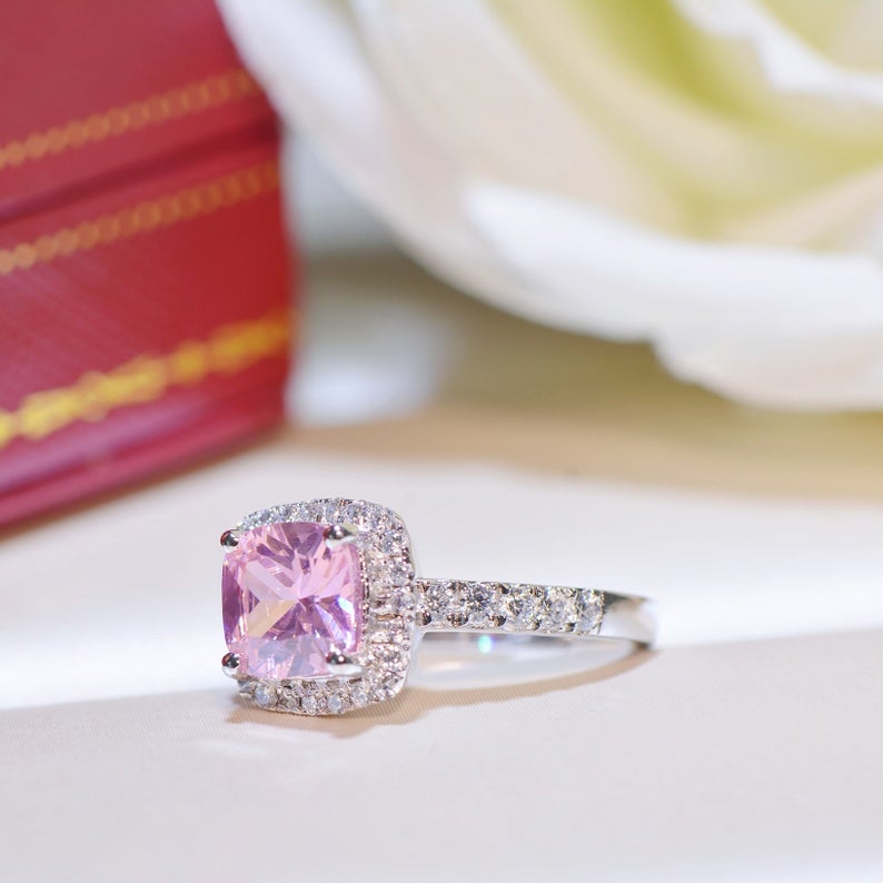 1 CT Cushion Cut PInk Sapphire Diamond White Gold Over On 925 Sterling Silver Halo Engagement Ring