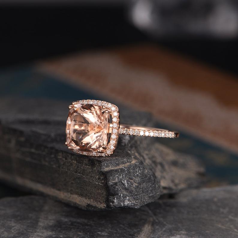 1 CT Cushion Cut Morganite Diamond Rose Gold Over On 925 Sterling Silver Halo Women Anniversary Ring Gift For Her