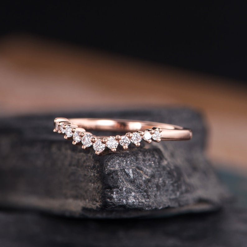 0.75 CT Round Cut Diamond Rose Gold Over on 925 Sterling Silver Curved Wedding Band Ring