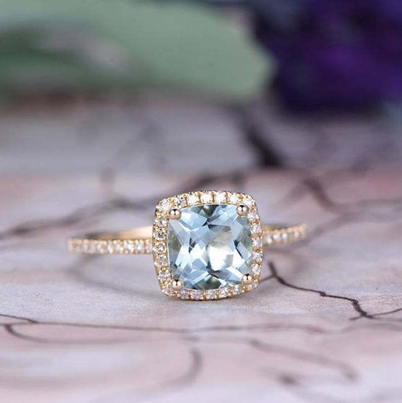1.50 Ct Cushion Cut Aquamarine Yellow Gold Over On 925 Sterling Silver Halo Engagement Ring
