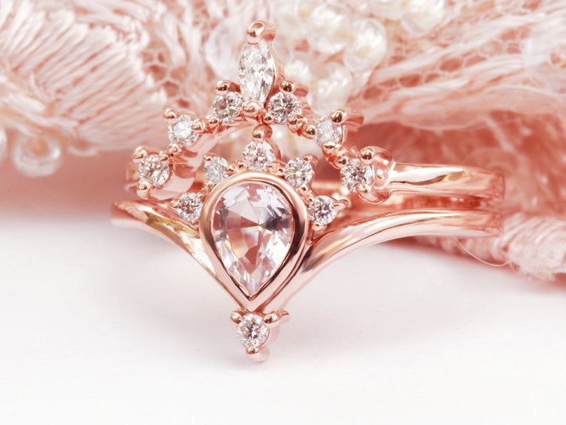 1 CT Pear Cut Morganite CZ Diamond Rose Gold Over On 925 Sterling Silver Wedding Bridal Ring Set