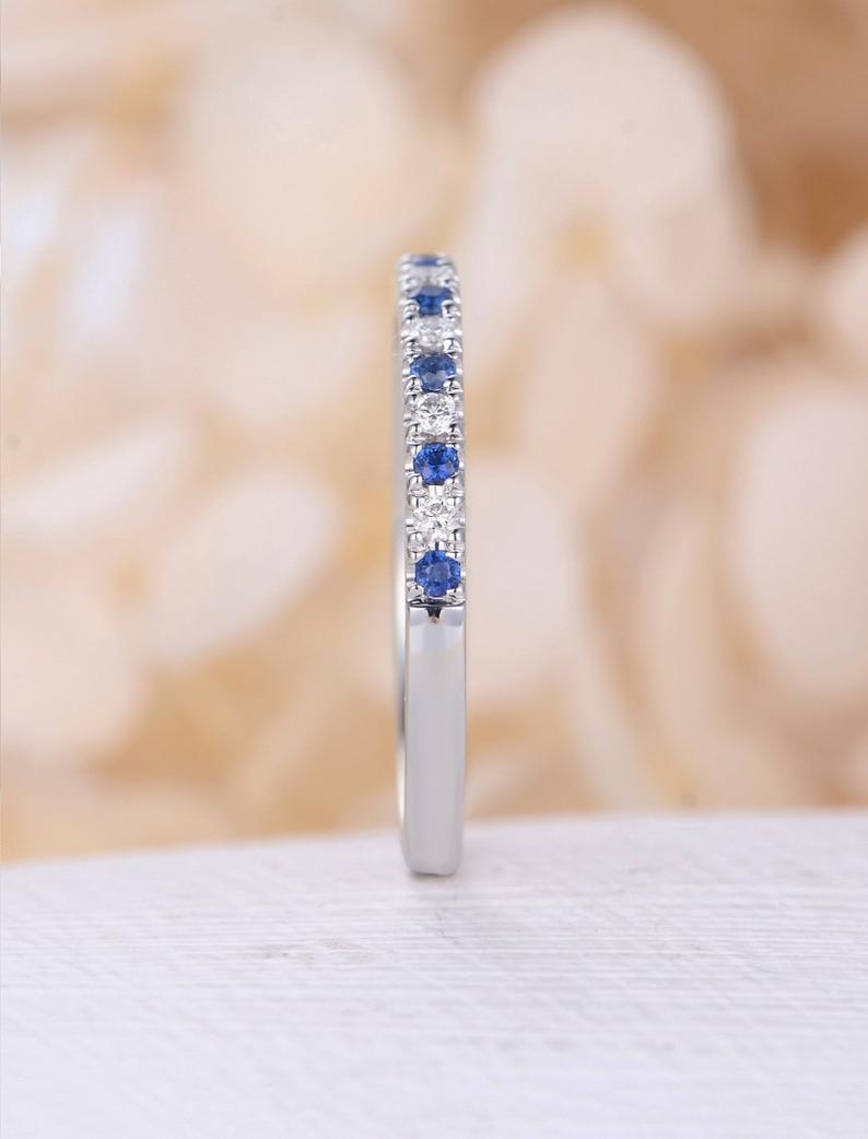 0.75 Ct Round Cut Blue Sapphire & White Cz 925 Sterling Silver Half Eternity Wedding Band Ring