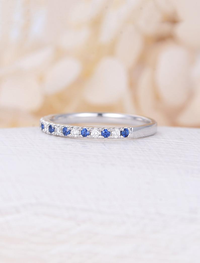 0.75 Ct Round Cut Blue Sapphire & White Cz 925 Sterling Silver Half Eternity Wedding Band Ring
