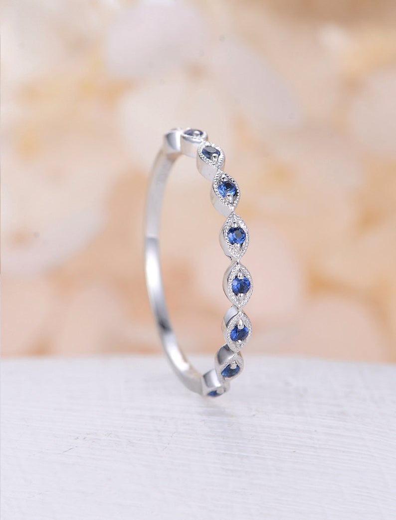 0.75 Ct Round Cut Blue Sapphire 925 Sterling Silver Half Eternity Wedding Band Ring