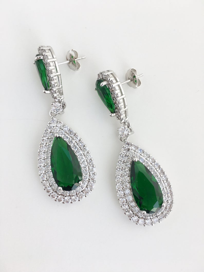 4 Ct Pear Cut Green Emerald Halo Diamond Tear Drop Wedding Earrings In 925 Sterling Silver