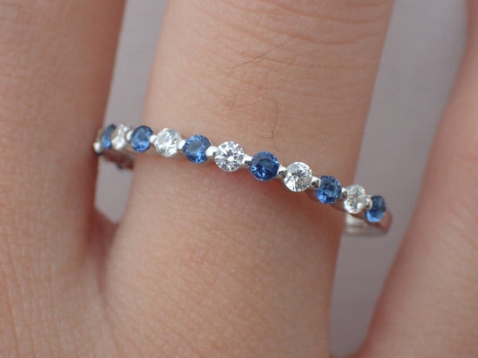 0.75 CT Round Cut Blue Sapphire Diamond 925 Sterling Silver Wedding Eternity Band Ring