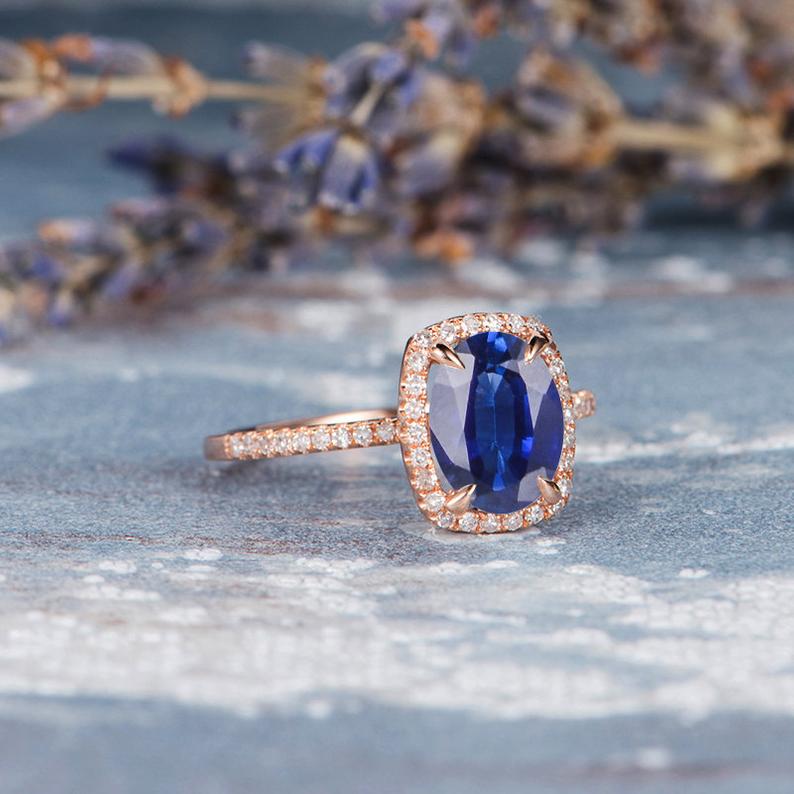2.00 Ct Cushion Cut Blue Sapphire Rose Gold Over On 925 Sterling Silver Halo Engagement Ring