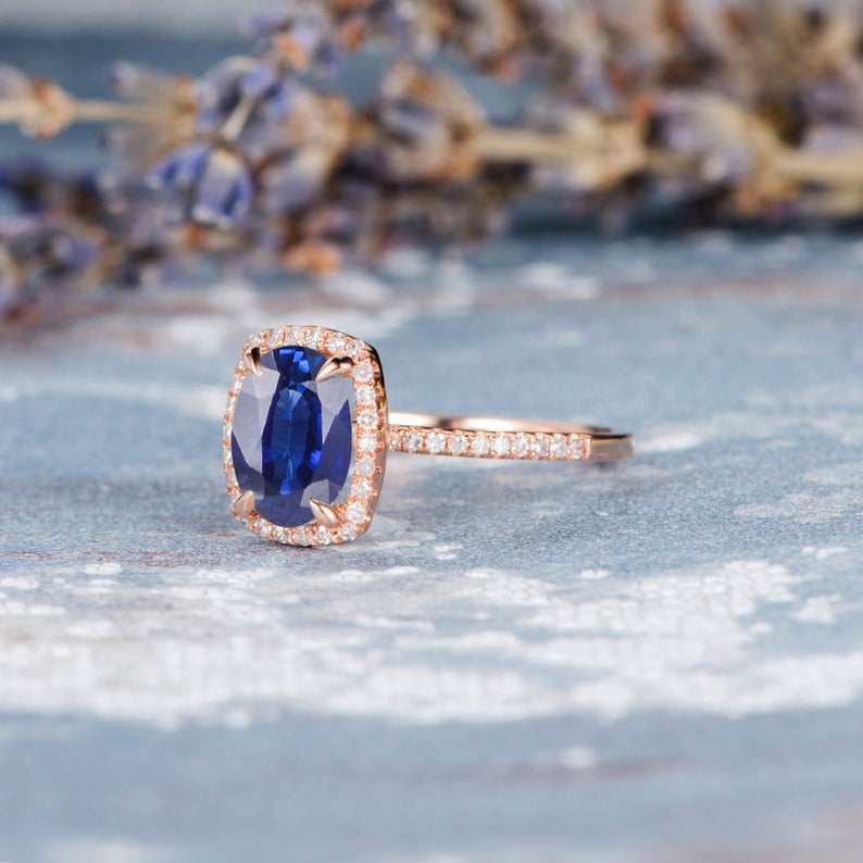 2.00 Ct Cushion Cut Blue Sapphire Rose Gold Over On 925 Sterling Silver Halo Engagement Ring