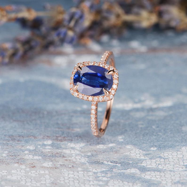 2.00 Ct Cushion Cut Blue Sapphire Rose Gold Over On 925 Sterling Silver Halo Engagement Ring