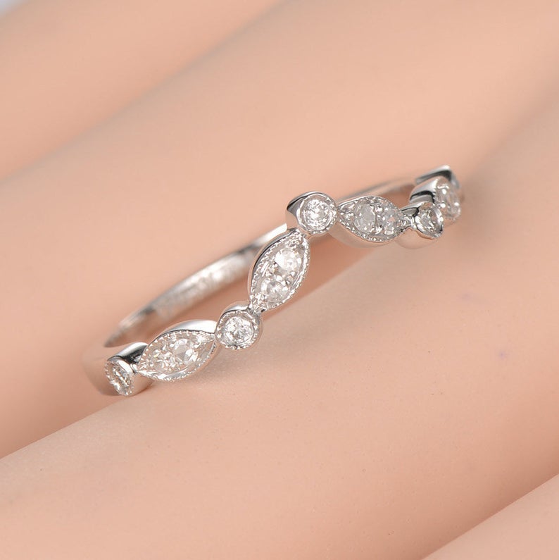 1.50 CT Round Cut White Diamond White Gold Over On 925 Sterling Silver Curved Half Eternity Engagement Ring