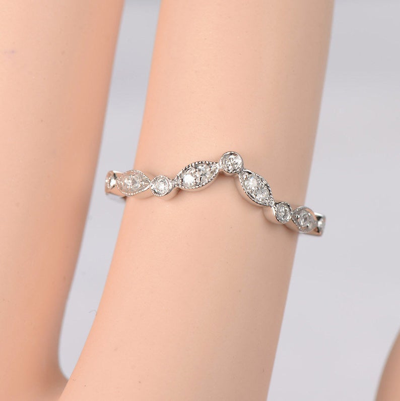 1.50 CT Round Cut White Diamond White Gold Over On 925 Sterling Silver Curved Half Eternity Engagement Ring