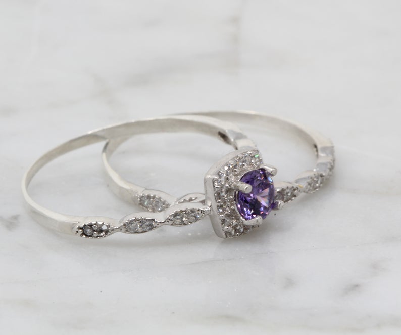 1 CT Round Cut Amethyst CZ Diamond 925 Sterling Silver Halo Wedding Bridal Ring Set