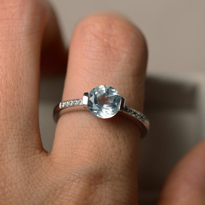 1.25 Ct Round Cut Aquamarine Solitaire W/Accents Engagement Ring In 925 Sterling Silver