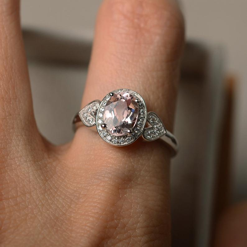 2.25 Ct Oval Cut Peach Morganite Halo Engagement Ring In 925 Sterling Silver