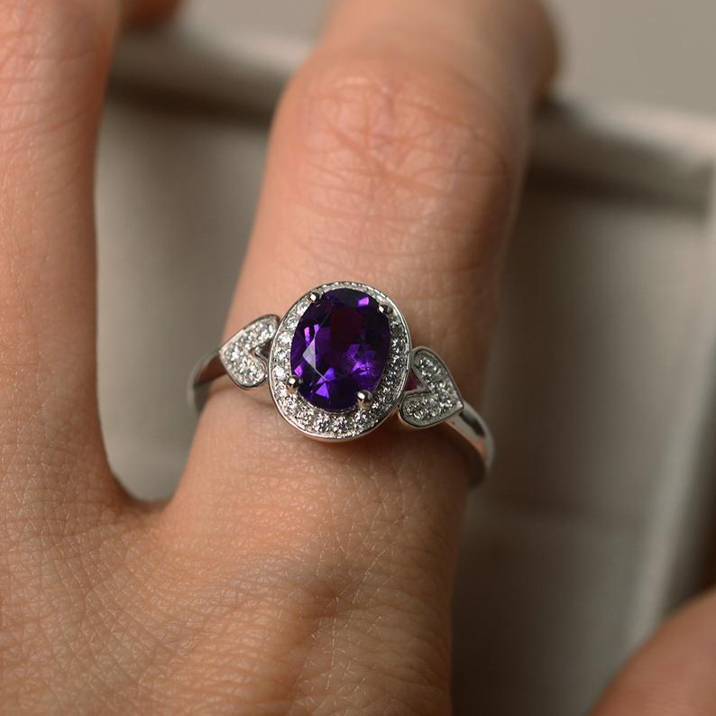 2.50 CT Oval Cut Purple Amethyst 925 Sterling Silver Halo Anniversary Gift Ring For Her