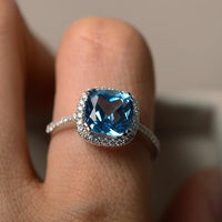 2.25 Ct Cushion Cut Blue Topaz 925 Sterling Silver Halo Engagement Ring In 925 Sterling Silver