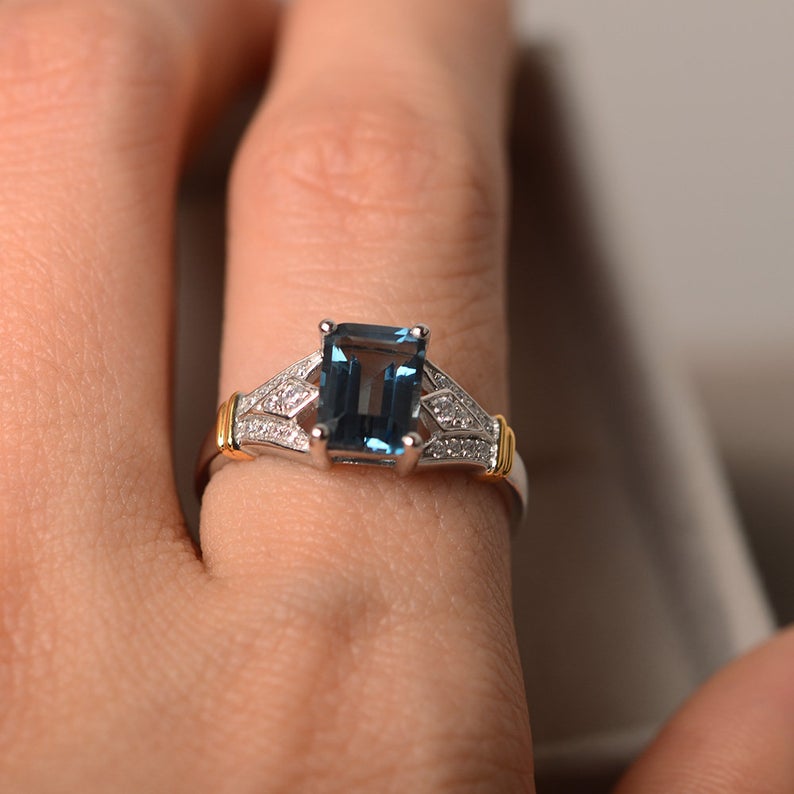 2.75 Ct Emerald Cut London Blue Topaz Two Tone 925 Sterling Silver Solitaire W/Accents Wedding Ring