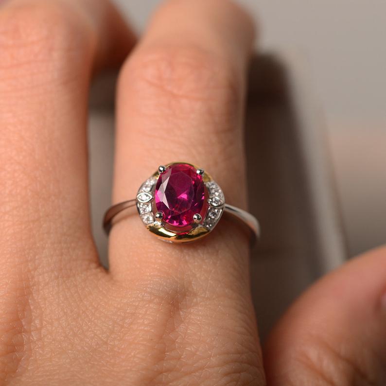 1.50 Ct Oval Cut Red Ruby July Birthstone Two-Tone Stunning Ring In 925 Sterling Silver