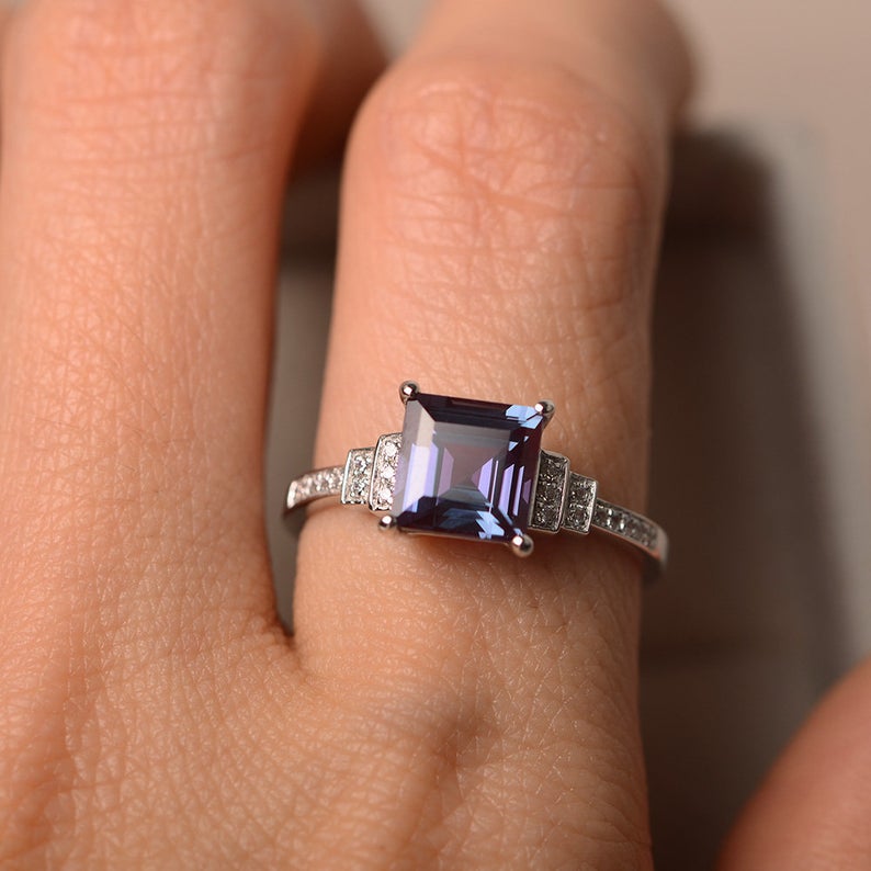 3.20 Ct Princess Cut Alexandrite White Gold Over On 925 Sterling Silver Engagement Ring