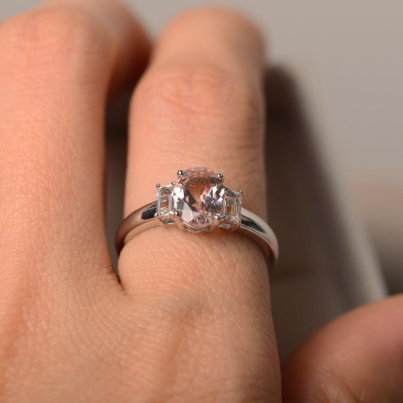 2.00 Ct Oval Cut Morganite & White Baguette 925 Sterling Silver Three-Stone Promise Ring