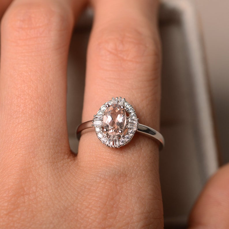 1.50 Ct Oval Cut Morganite 925 Sterling Silver Halo Engagement Wedding Ring