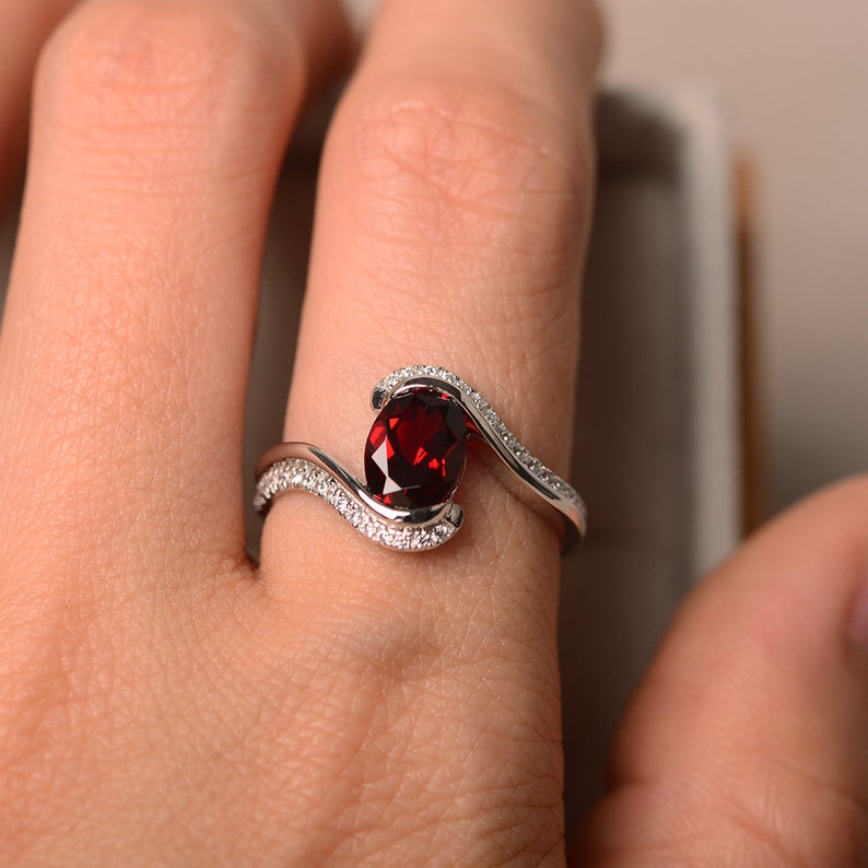 2.50 Ct Oval Cut Red Garnet White Gold Over On 925 Sterling Silver Bypass Promise Ring