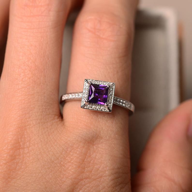 1.75 Ct Princess Cut Purple Amethyst 925 Sterling Silver Halo Anniversary Gift Ring