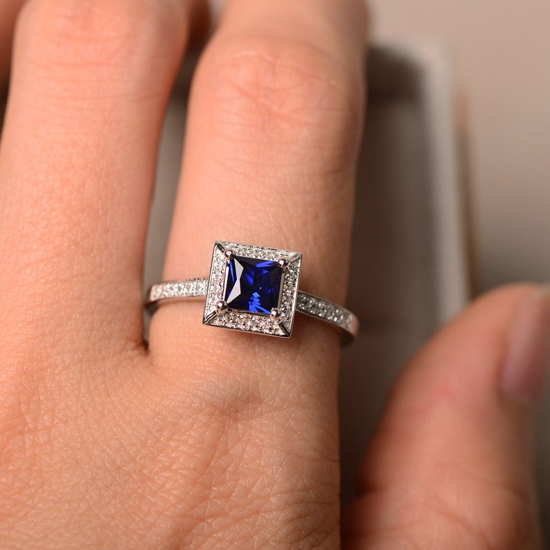 1.75 Ct Princess Cut Blue Sapphire 925 Sterling Silver Halo Engagement Wedding Ring