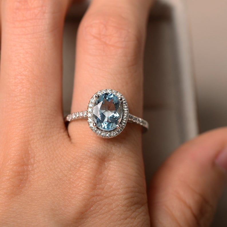 1 CT Oval Cut Aquamarine Diamond White Gold Over On 925 Sterling Silver Halo Engagement Ring