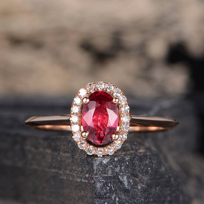2 CT Oval Cut Ruby Diamond Rose Gold Over On 925 Sterling Silver Halo Engagement Ring