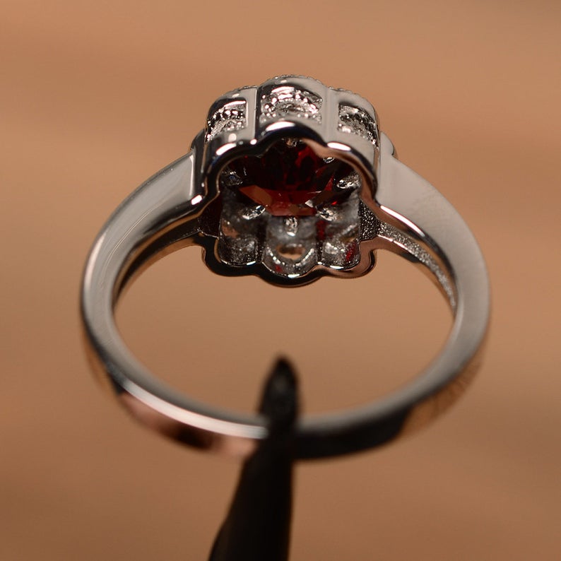 1.00 Ct Round Cut Red Garnet 925 Sterling Silver Floral Engagement Ring For Her