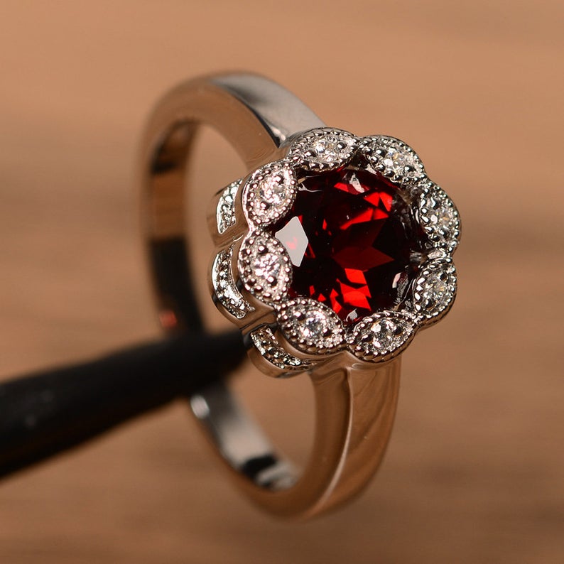 1.00 Ct Round Cut Red Garnet 925 Sterling Silver Floral Engagement Ring For Her