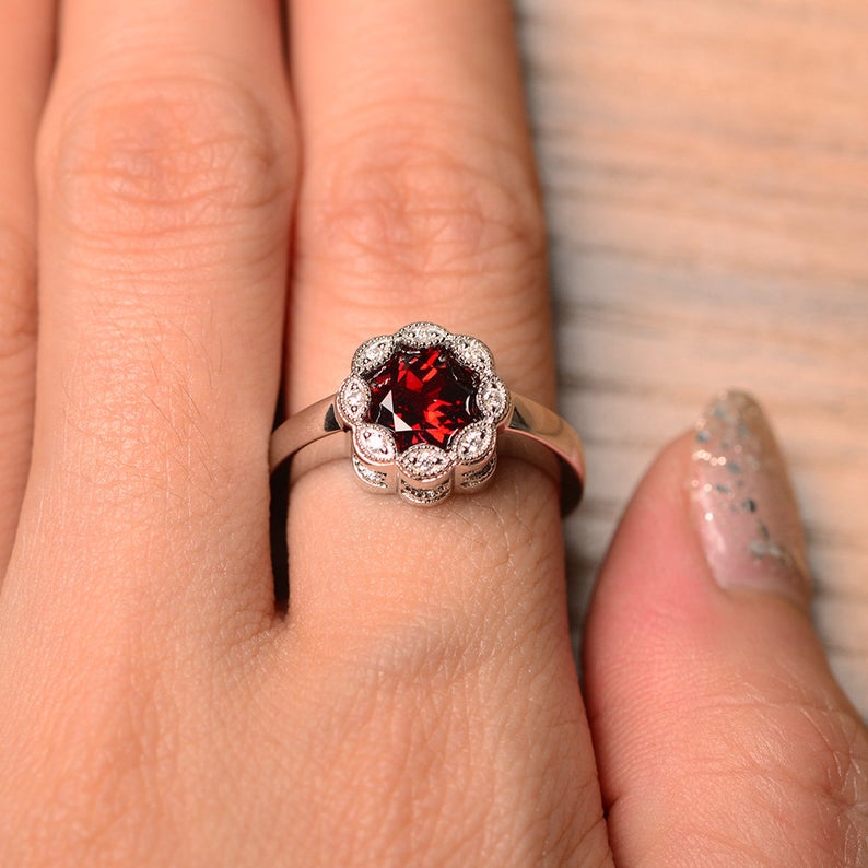 1.00 Ct Round Cut Red Garnet 925 Sterling Silver Floral Engagement Ring For Her