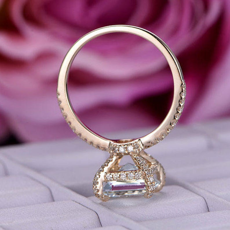 2.25 Ct Princess Cut Aquamarine Yellow Gold Over On 925 Sterling Silver Unique Wedding Ring