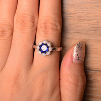 1.25 Ct Round Cut Blue Sapphire Floral Anniversary Gift Ring In 925 Sterling Silver