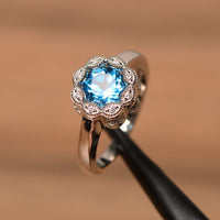 1.00 Ct Round Cut Blue Topaz Floral Anniversary Gift Ring In 925 Sterling Silver