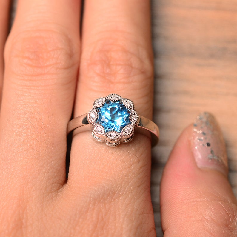 1.00 Ct Round Cut Blue Topaz Floral Anniversary Gift Ring In 925 Sterling Silver