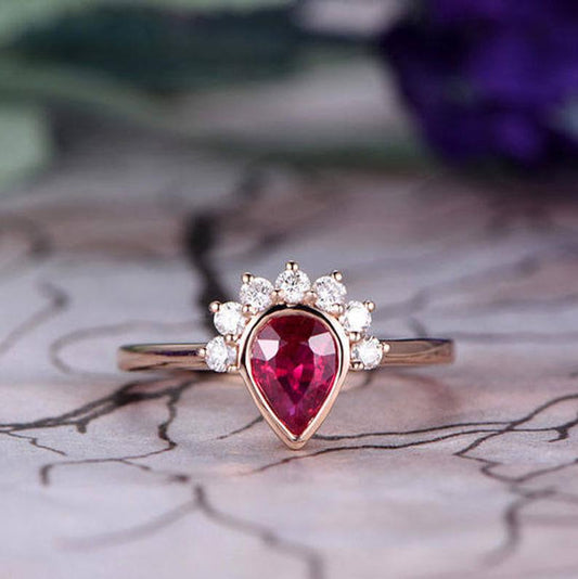 1.50 Ct Pear Cut Red Ruby & Round Diamond Bezel Set Promise Gift Ring In 925 Sterling Silver