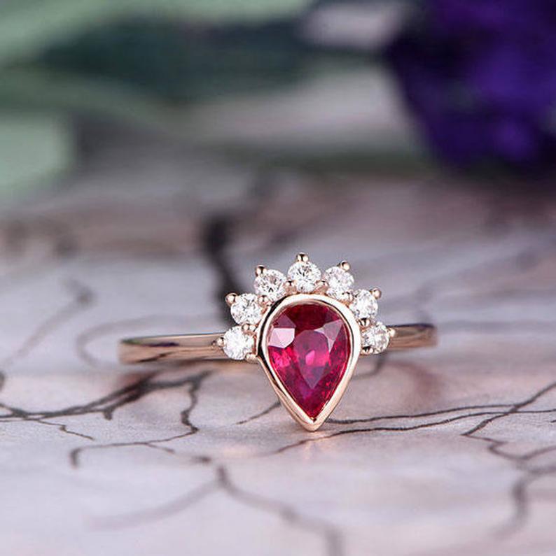 1.50 Ct Pear Cut Red Ruby & Round Diamond Bezel Set Promise Gift Ring In 925 Sterling Silver