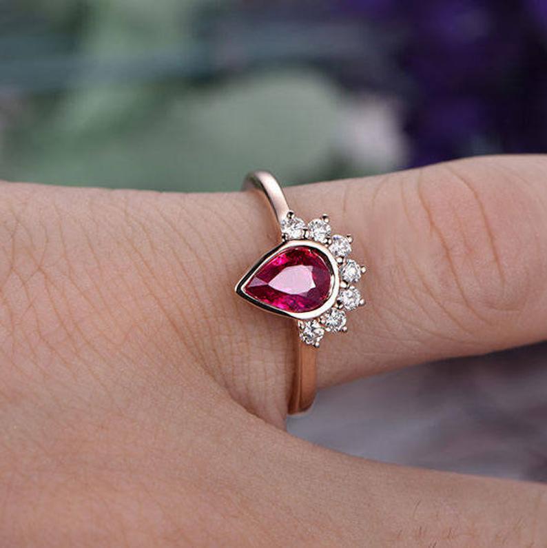 1.50 Ct Pear Cut Red Ruby & Round Diamond Bezel Set Promise Gift Ring In 925 Sterling Silver