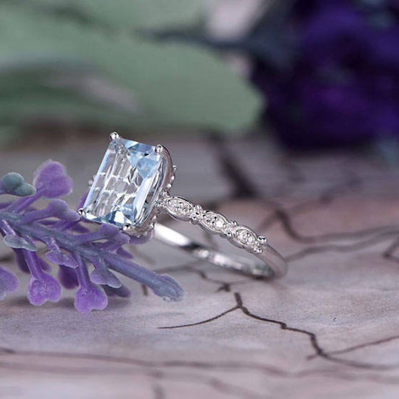 1.20 Ct Emerald Cut Aquamarine 925 Sterling Silver Solitaire W/Accents Promise Ring