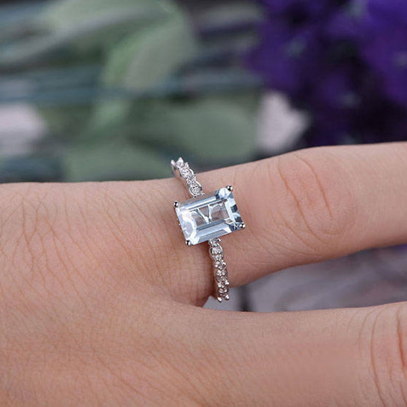 1.20 Ct Emerald Cut Aquamarine 925 Sterling Silver Solitaire W/Accents Promise Ring