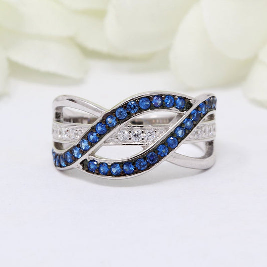 2.10 Ct Round Cut Blue Sapphire & White CZ Weave Crisscross Infinity Promise Ring In 925 Sterling Silver