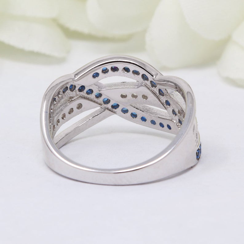 2.10 Ct Round Cut Blue Sapphire & White CZ Weave Crisscross Infinity Promise Ring In 925 Sterling Silver