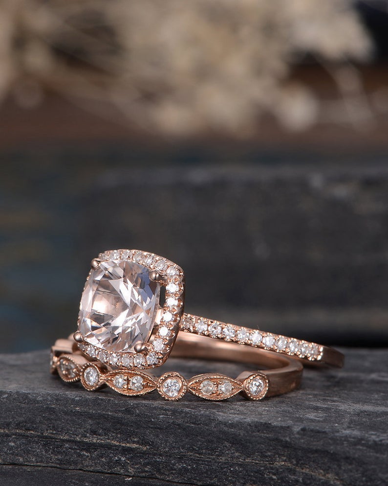 1 CT Cushion Cut Morganite Rose Gold Over On 925 Sterling Silver Halo Bridal Ring Set