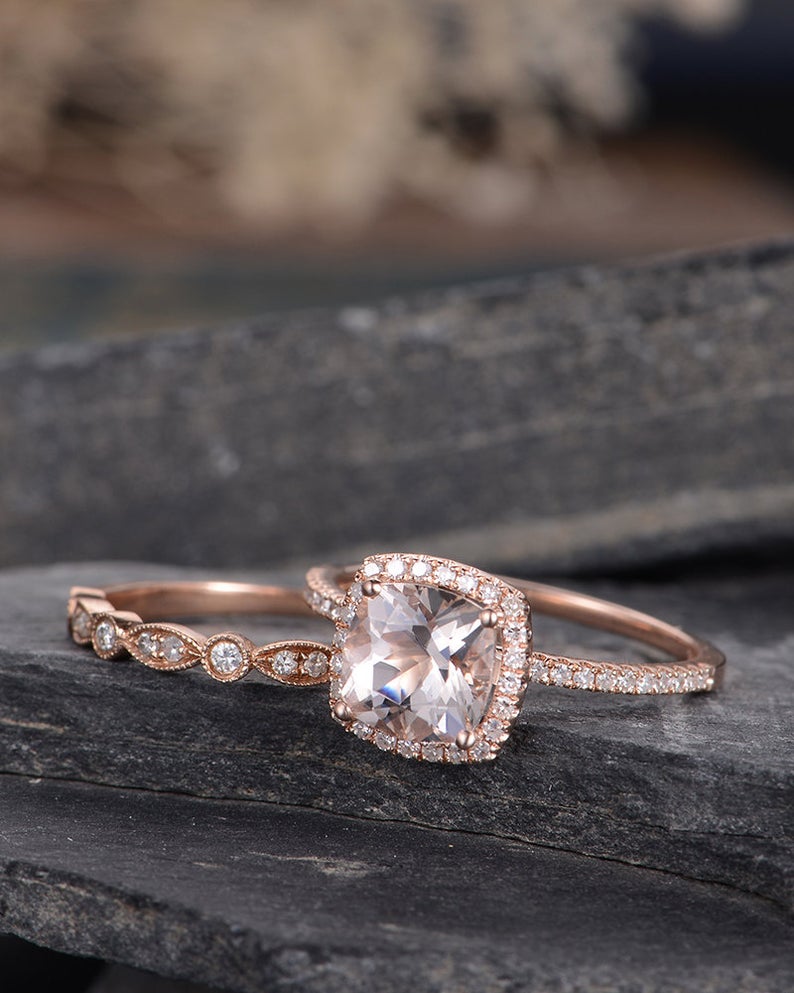 1 CT Cushion Cut Morganite Rose Gold Over On 925 Sterling Silver Halo Bridal Ring Set