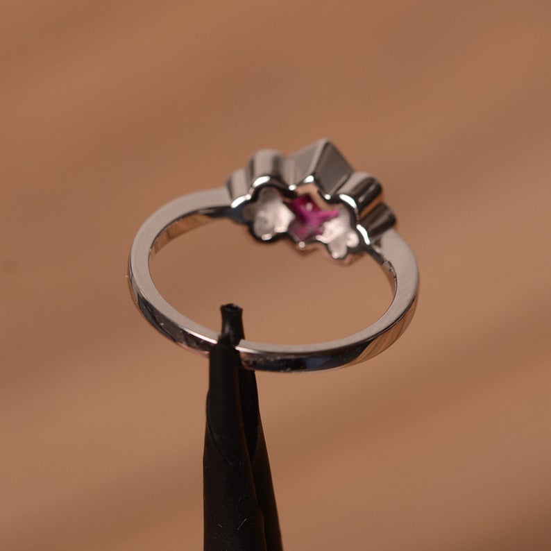 1.20 Ct Princess Cut Red Ruby 925 Sterling Silver Unique Solitaire W/Accents Promise Ring