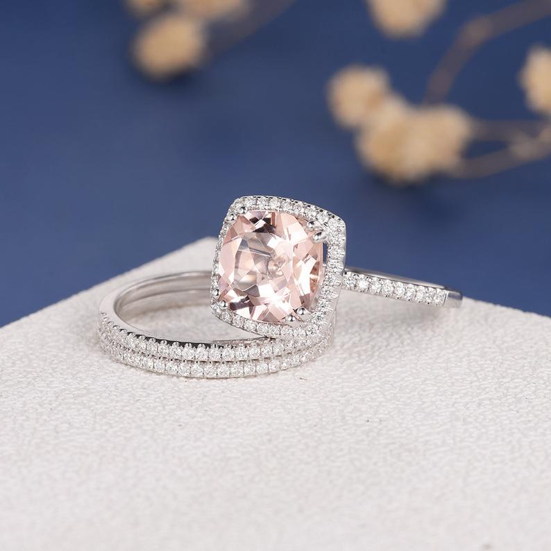 1 CT Cushion Cut Morganite Diamond 925 Sterling Silver Halo Trio Wedding Ring Set