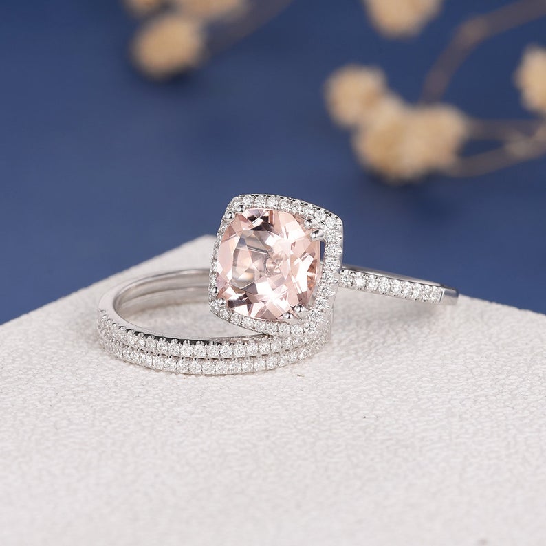 1 CT Cushion Cut Pink Morganite Diamond White Gold Over On 925 Sterling Silver Trio Ring Set
