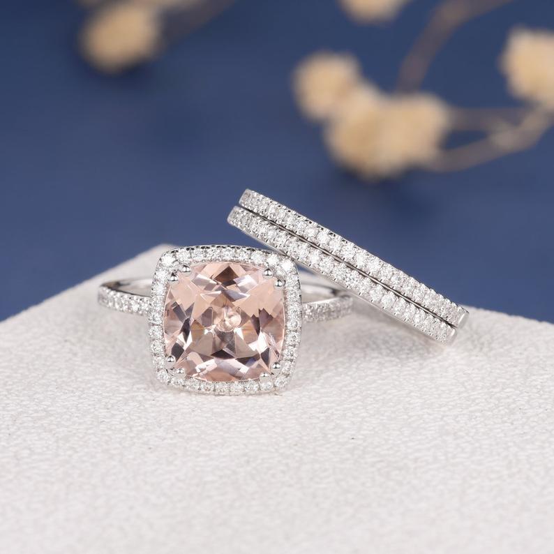 1 CT Cushion Cut Morganite Diamond 925 Sterling Silver Halo Trio Wedding Ring Set